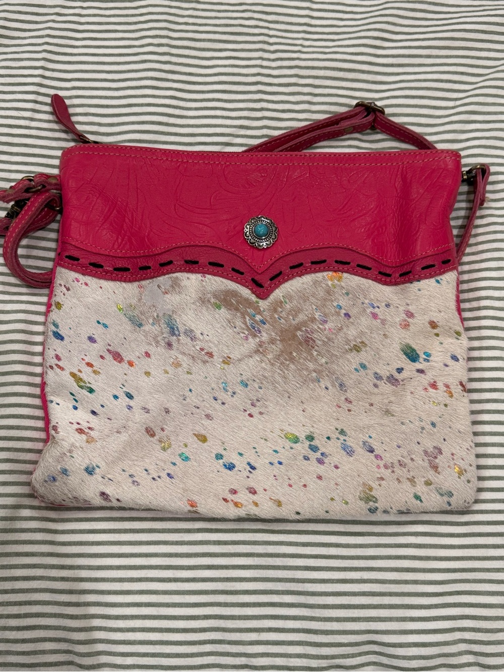 Myra Bag Pink Tooled Leather Cowhide Crossbody Rainbow Speckled - Picture 2 of 8